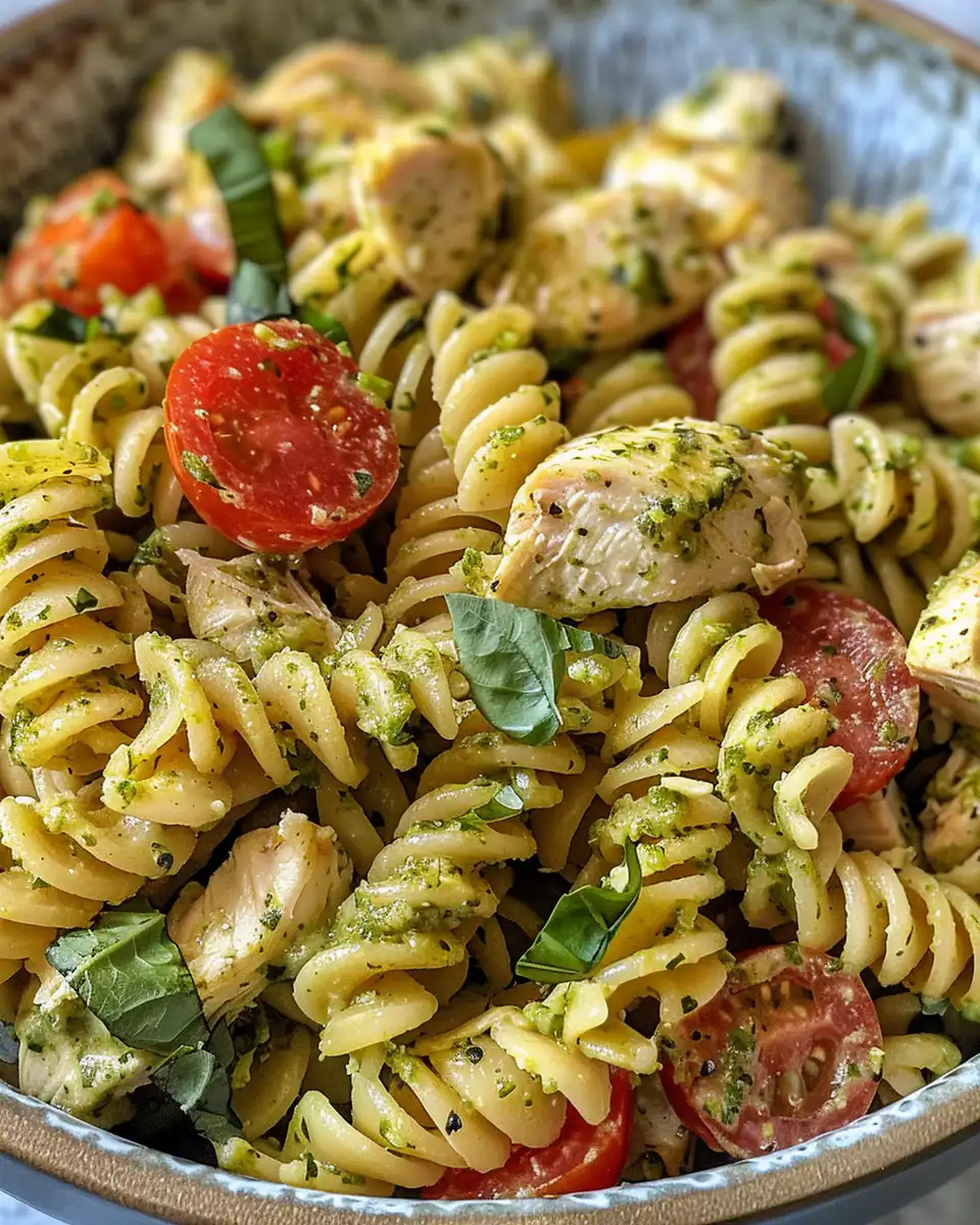 Ingredients for chicken pesto pasta salad including mozzarella and fresh veggies
