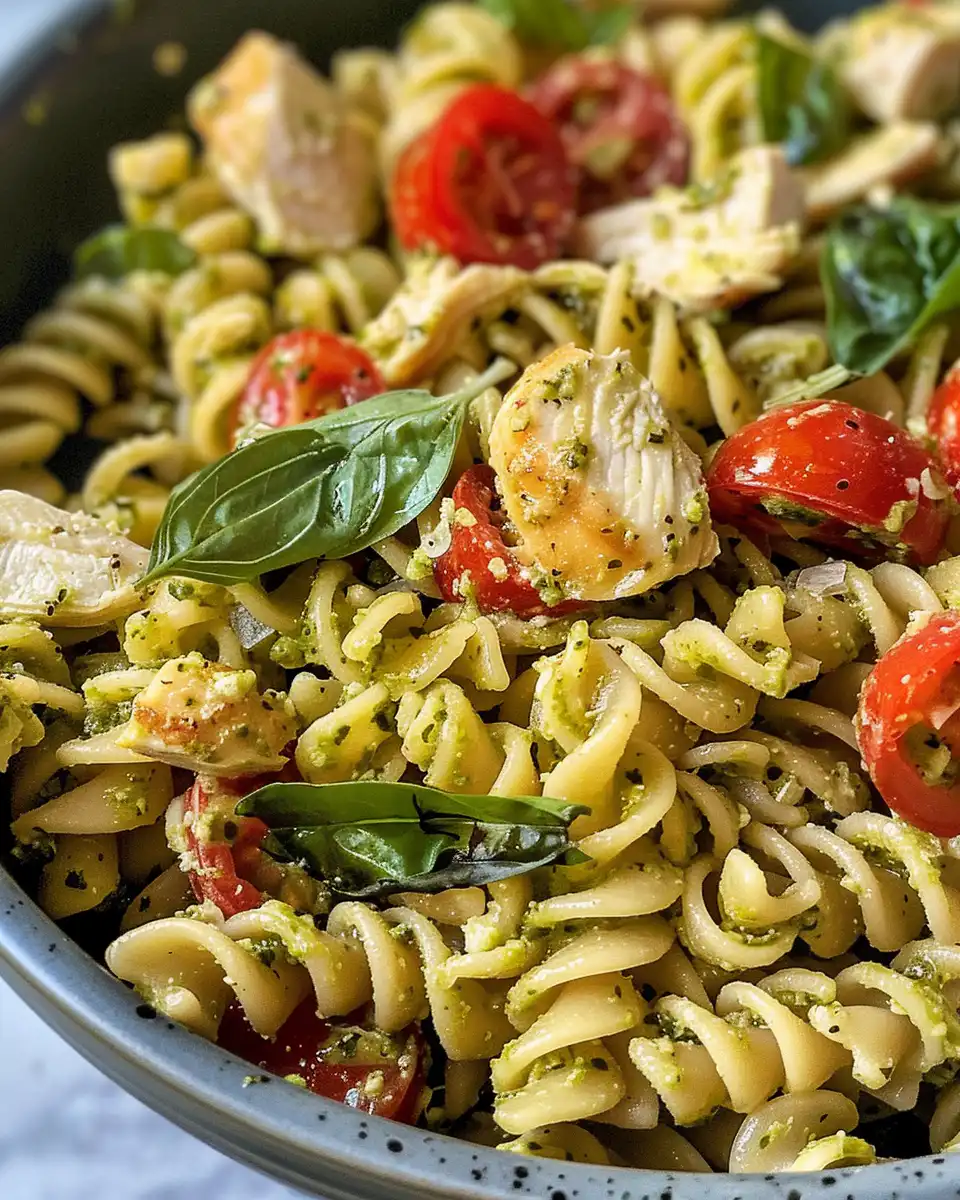 Served chicken pesto pasta salad in a colorful bowl garnished with basil