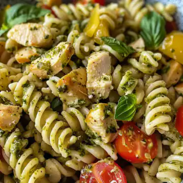 Chicken Pesto Pasta Salad taken with iphone 15 pro max --iw 2 --ar 4:5 --v 6.0 --raw
