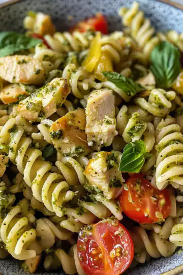Chicken Pesto Pasta Salad taken with iphone 15 pro max --iw 2 --ar 4:5 --v 6.0 --raw