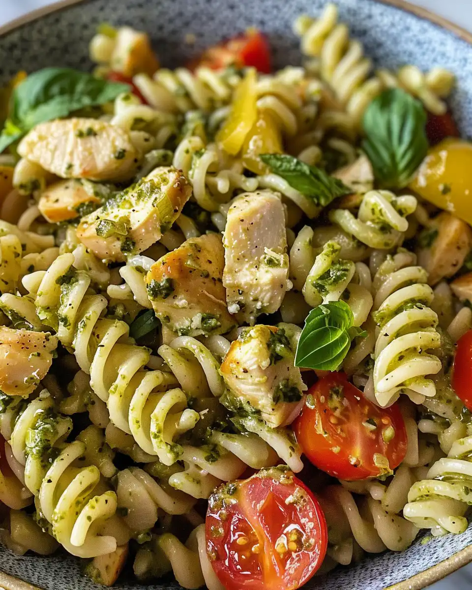 Pressure cooker housing chicken pesto pasta salad with vibrant colors