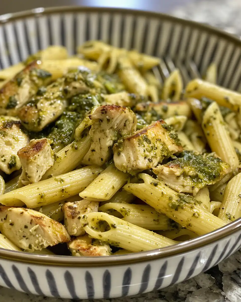 Final plated creamy chicken pesto pasta dish ready to eat