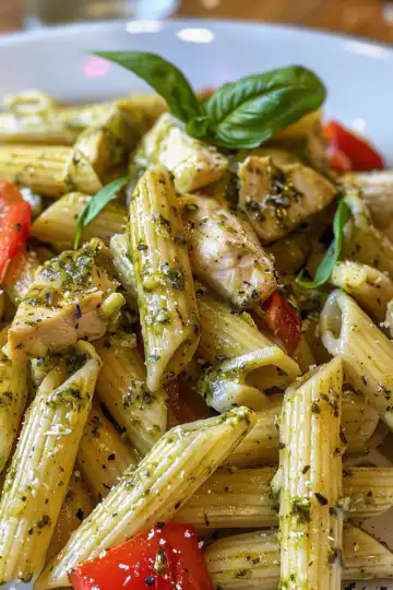 Chicken Pesto Pasta taken with iphone 15 pro max --iw 2 --ar 4:5 --v 6.0 --raw