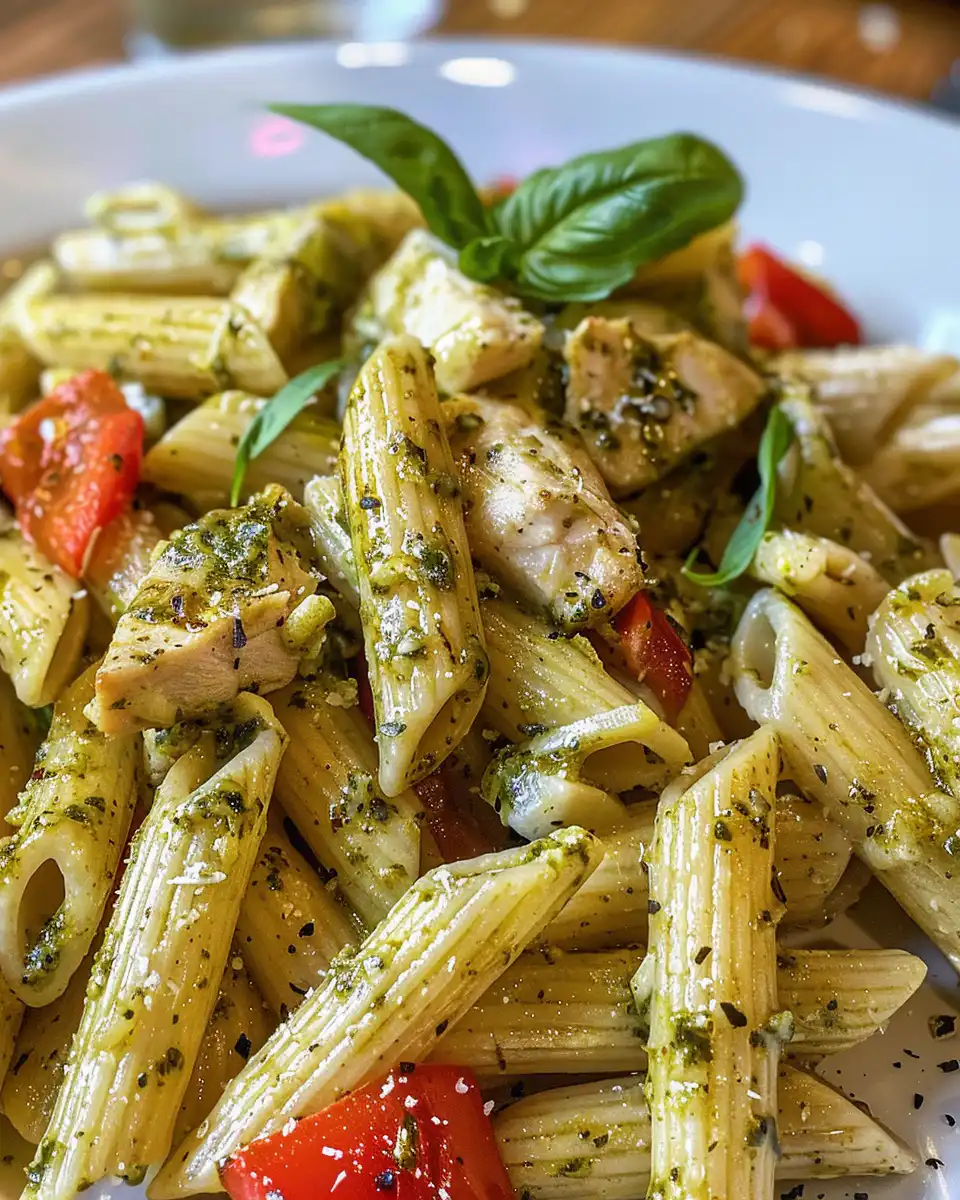 Steaming creamy chicken pesto pasta in a bowl