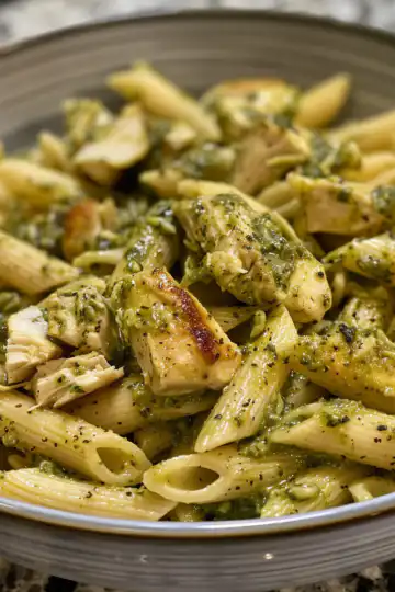 Chicken Pesto Pasta taken with iphone 15 pro max --iw 2 --ar 4:5 --v 6.0 --raw