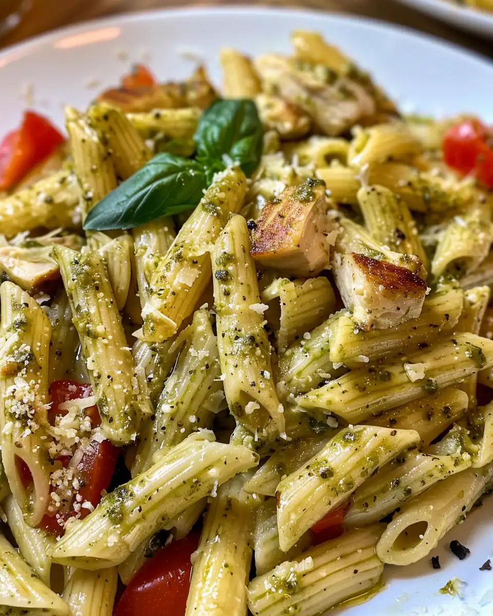 Ingredients for chicken pesto pasta laid out on kitchen counter