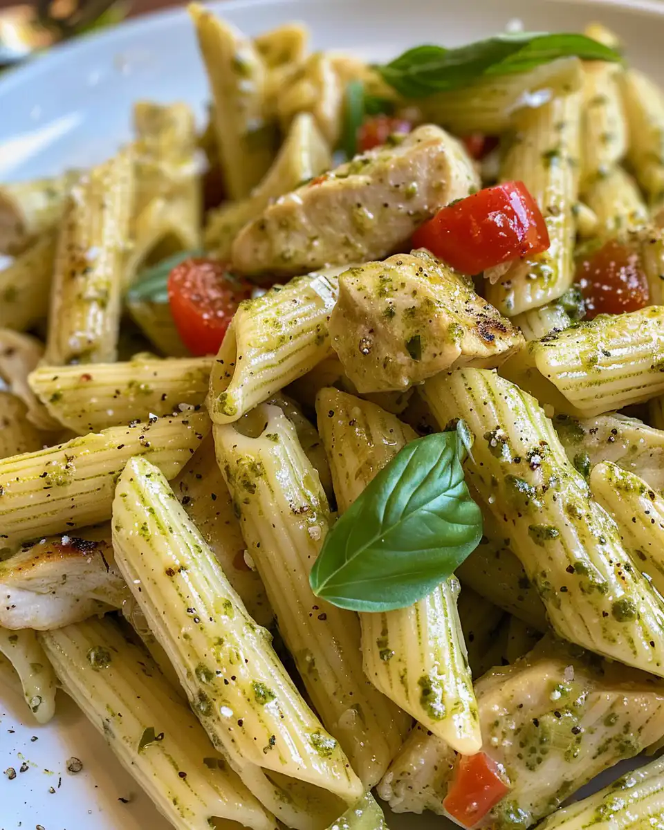 Plated creamy chicken pesto pasta garnished with fresh basil