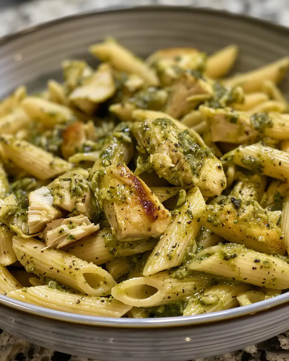 Plate of creamy chicken pesto pasta with fresh basil garnish