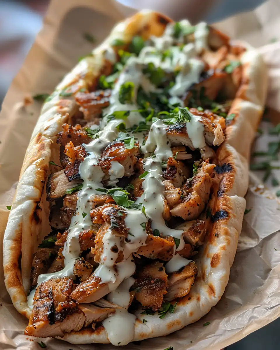 Served chicken shawarma with garlic sauce and fries plated