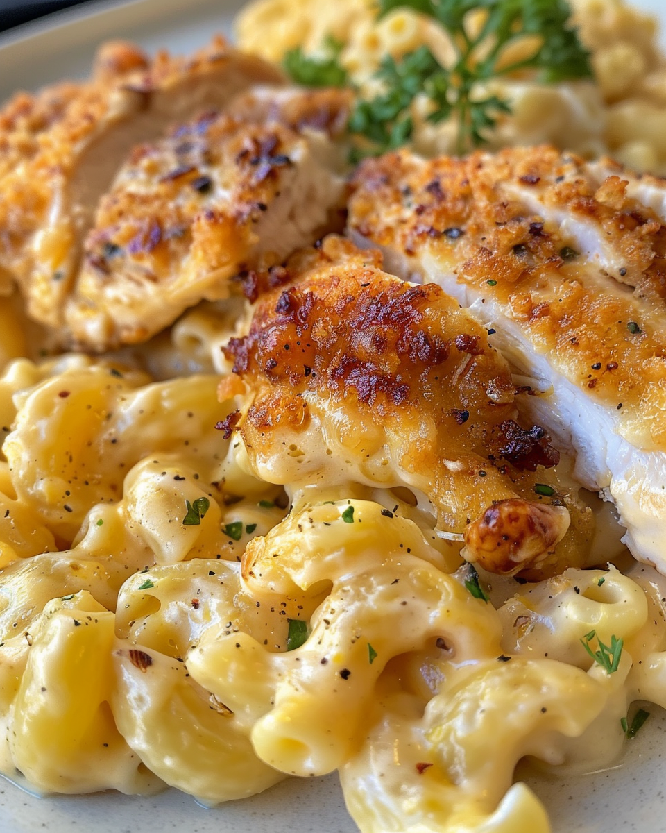 Finished creamy mac and cheese with chicken and bacon served in a dish