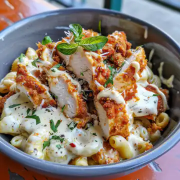 Chicken with Creamy Macaroni Cheese taken with iphone 15 pro max --iw 2 --ar 4:5 --v 6.0 --raw