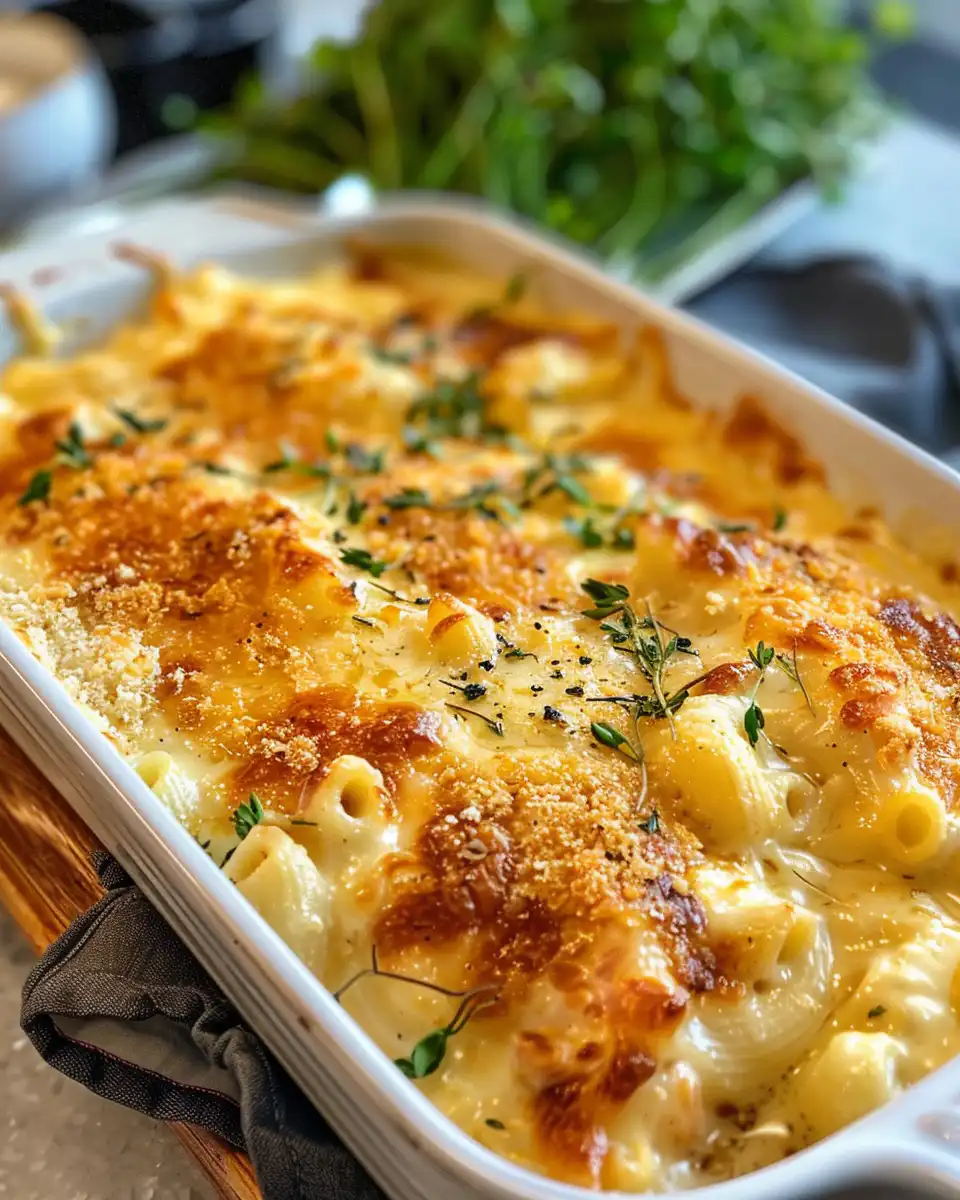 Close-up of creamy chicken macaroni cheese fresh from the pot