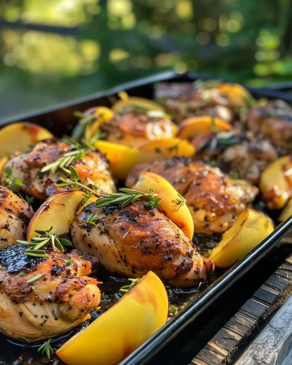 Final served chicken with peaches and kale on a plate