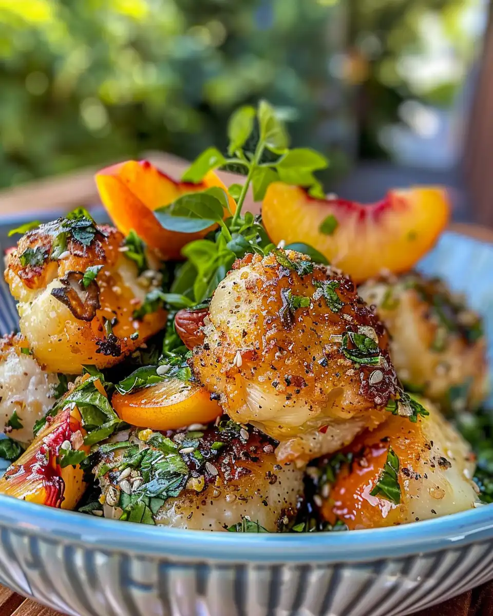 Finished skillet chicken with peaches served on a plate garnished with fresh herbs