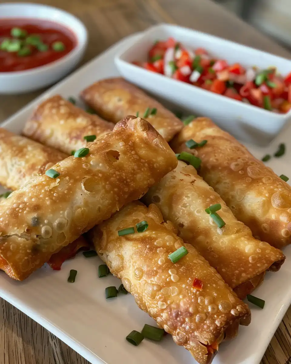 Close-up of crispy and cheesy Southwestern egg rolls served
