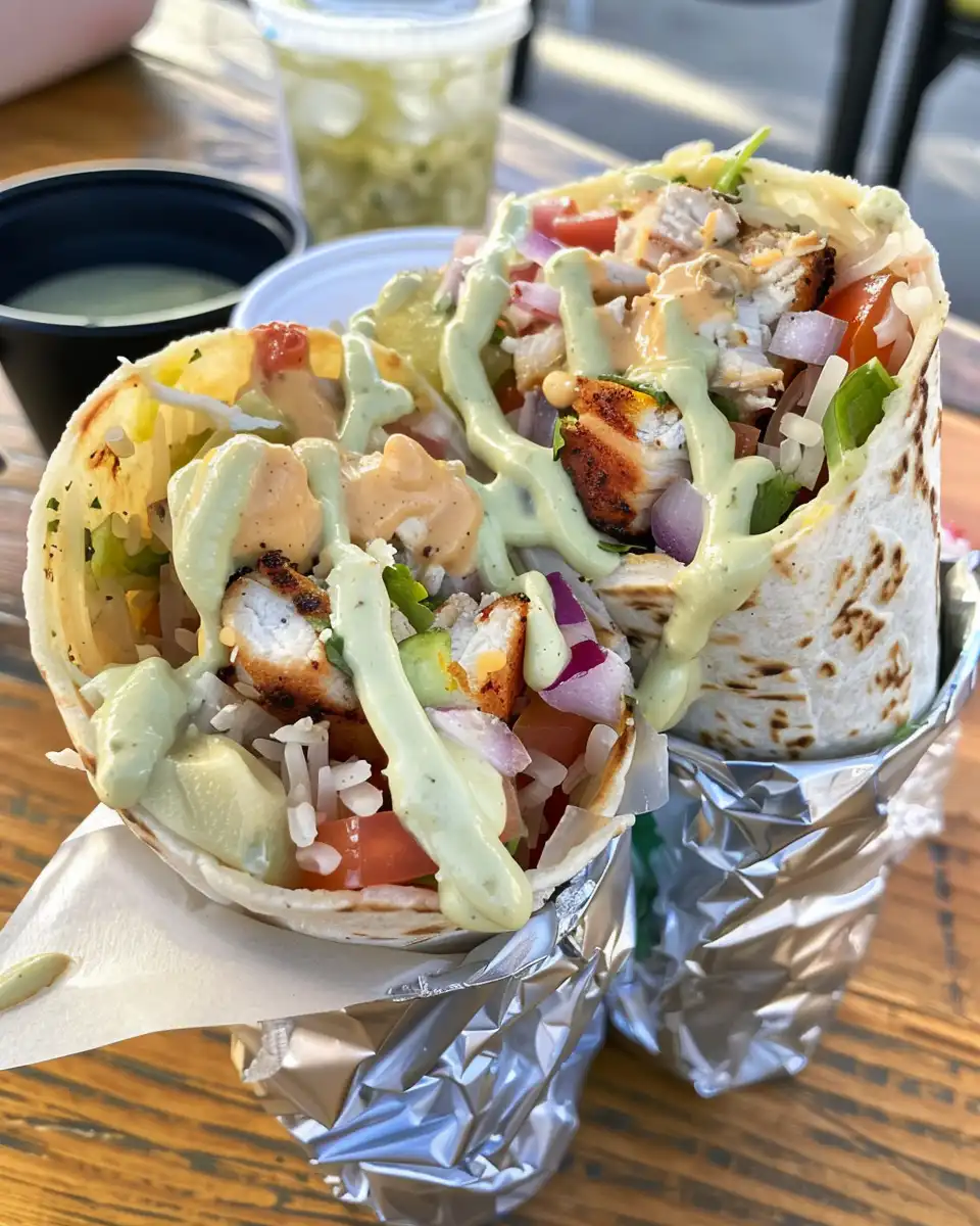 Finished chipotle ranch grilled chicken burrito served and ready to eat