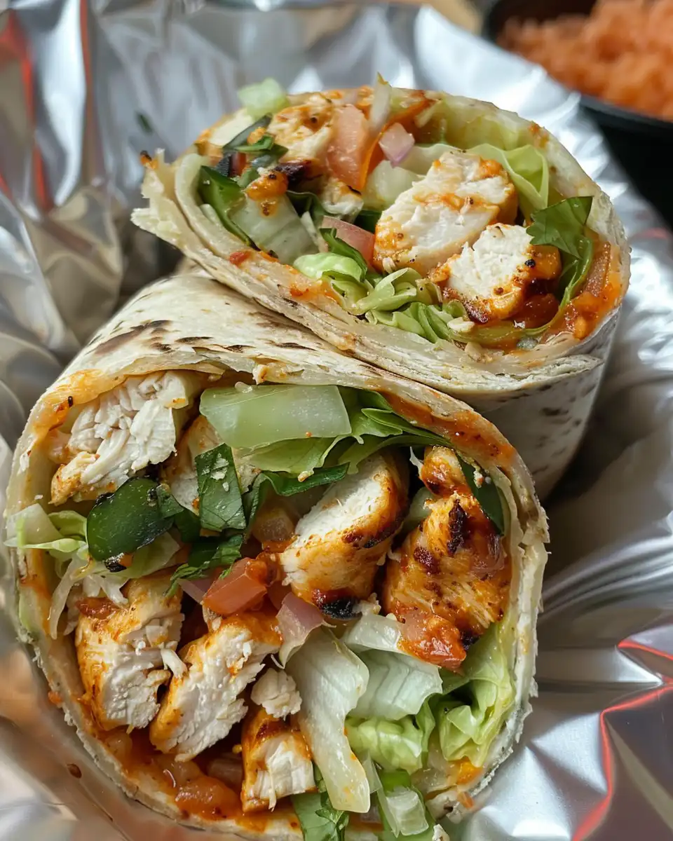 Ingredients including grilled chicken, diced tomatoes, avocado, and shredded cheese for burritos