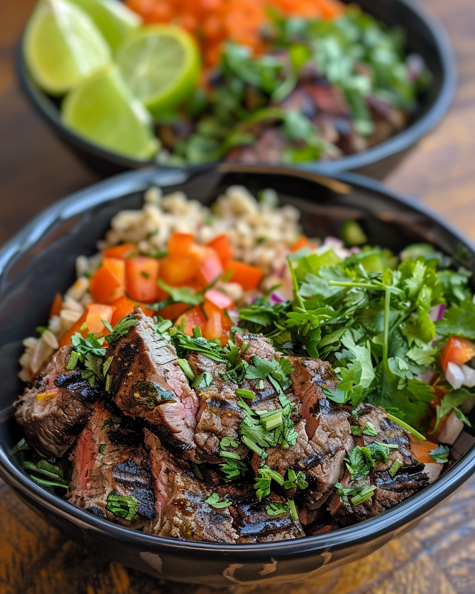 Ingredients for cilantro lime steak bowls including flank steak, rice, and veggies