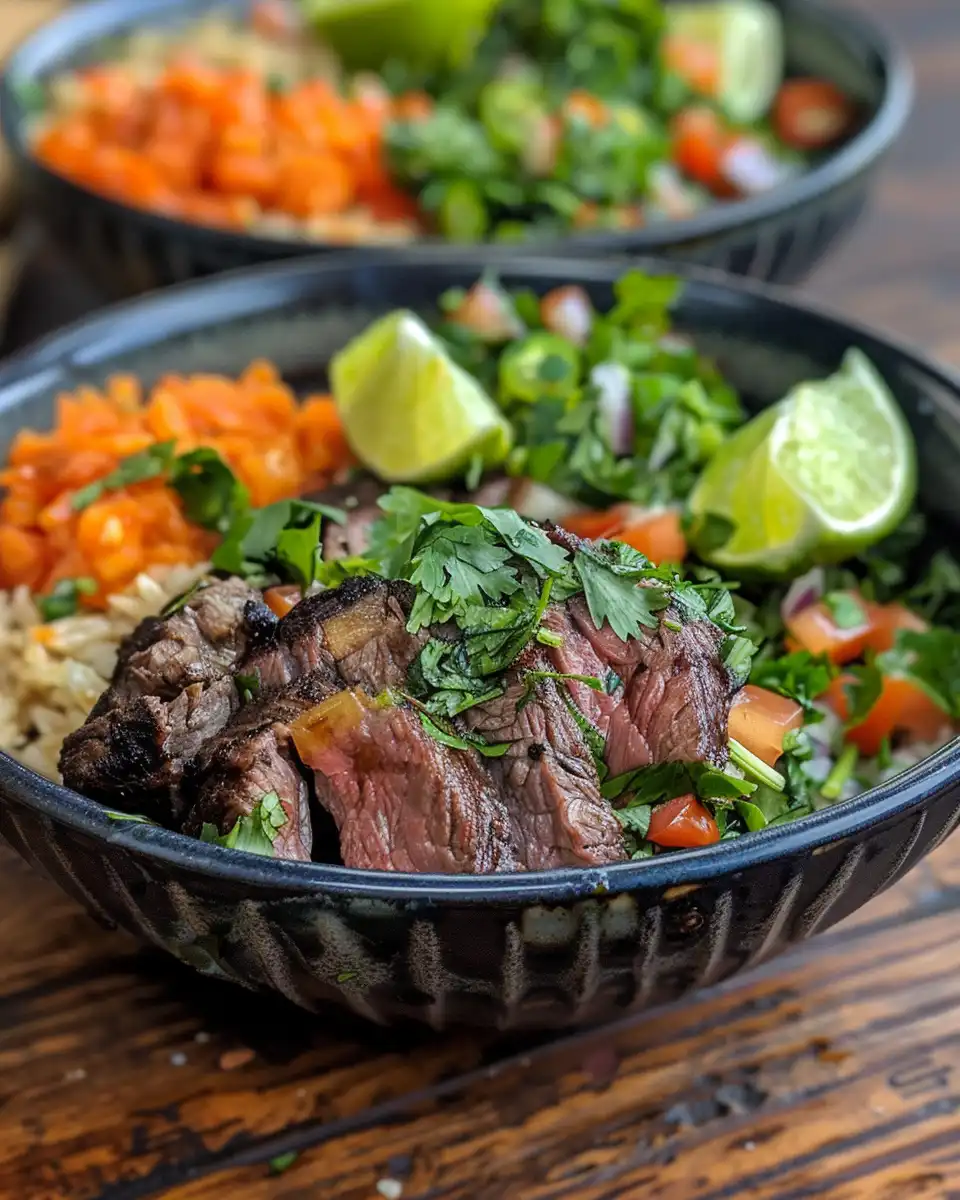 Finished cilantro lime steak bowls served and ready to eat