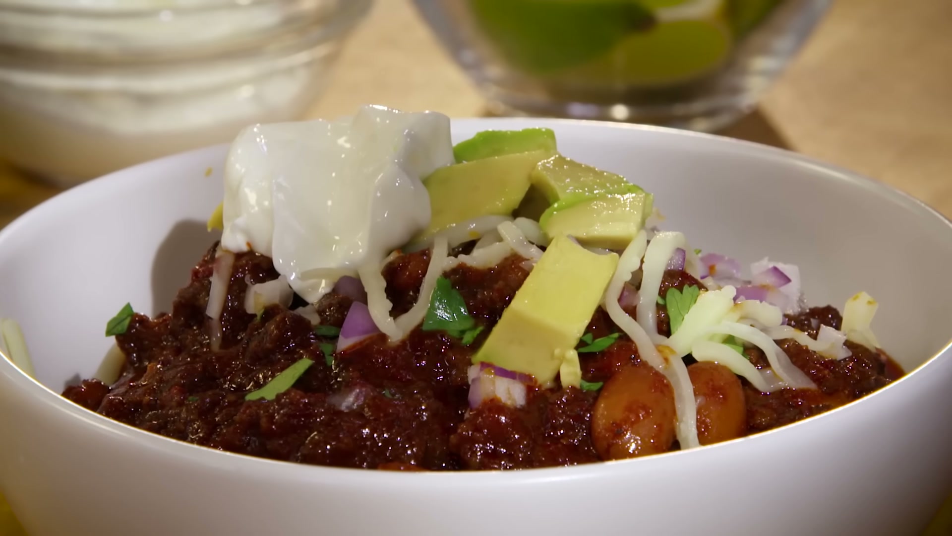 Side view of classic hearty beef chili ready to serve