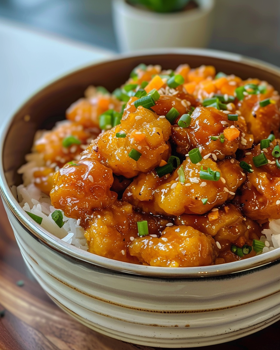 Classic orange chicken cooked in pressure cooker with bright orange glaze