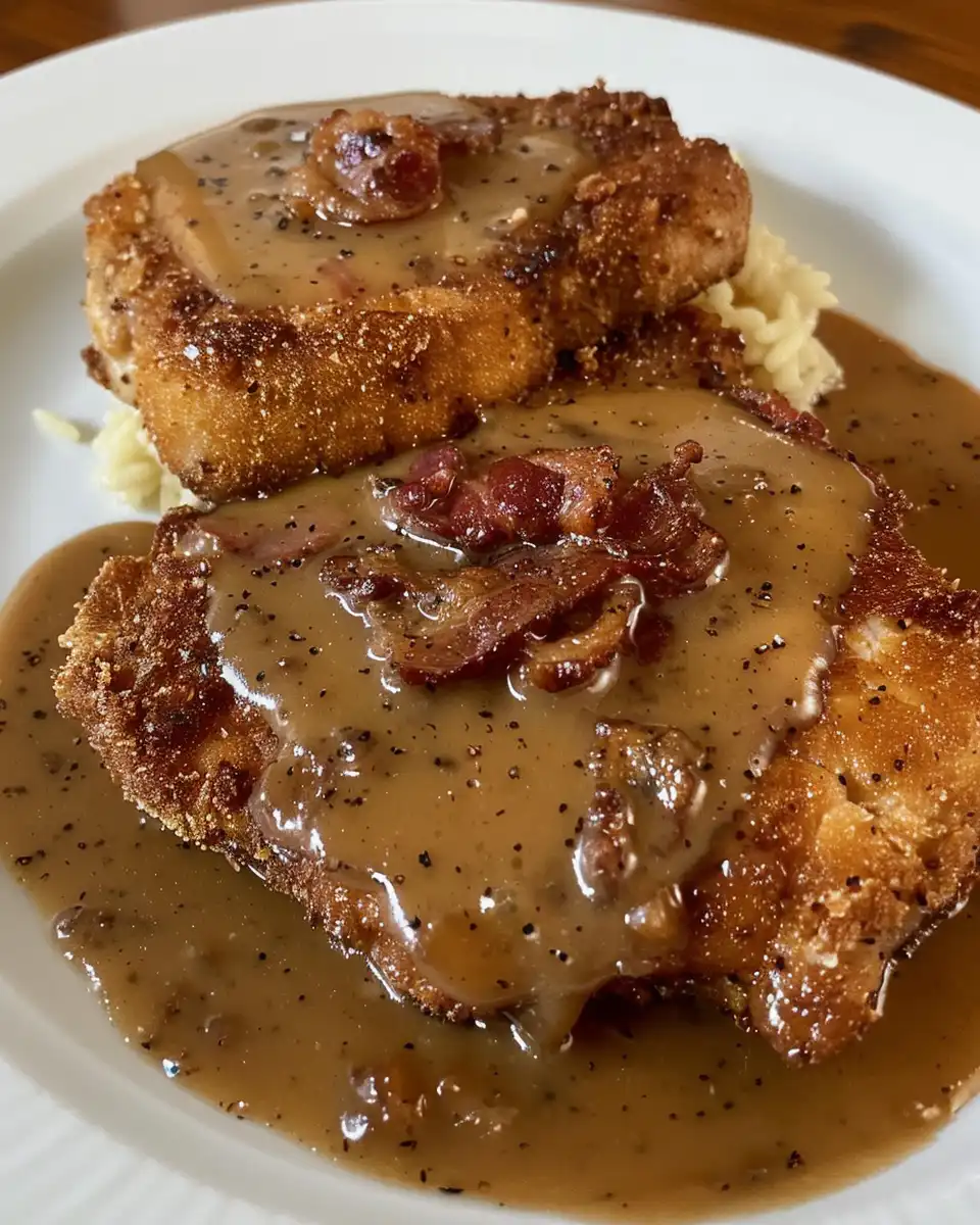 Final plated country fried pork chops with crispy bacon gravy ready to serve