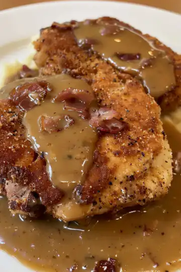 Country Fried Pork Chops with Bacon Gravy taken with iphone 15 pro max --iw 2 --ar 4:5 --v 6.0 --raw