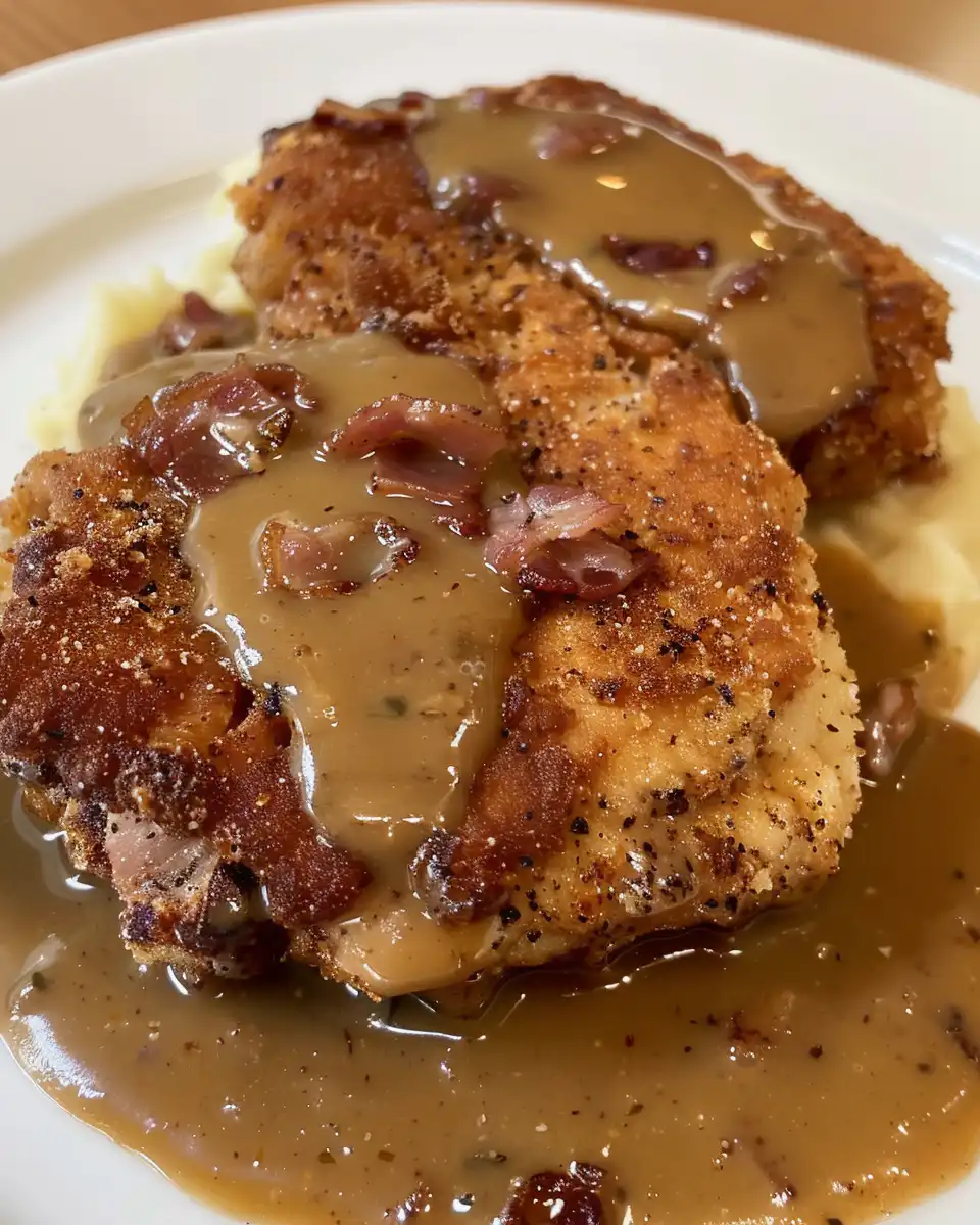 Country fried pork chops cooking in pressure cooker with golden bacon gravy