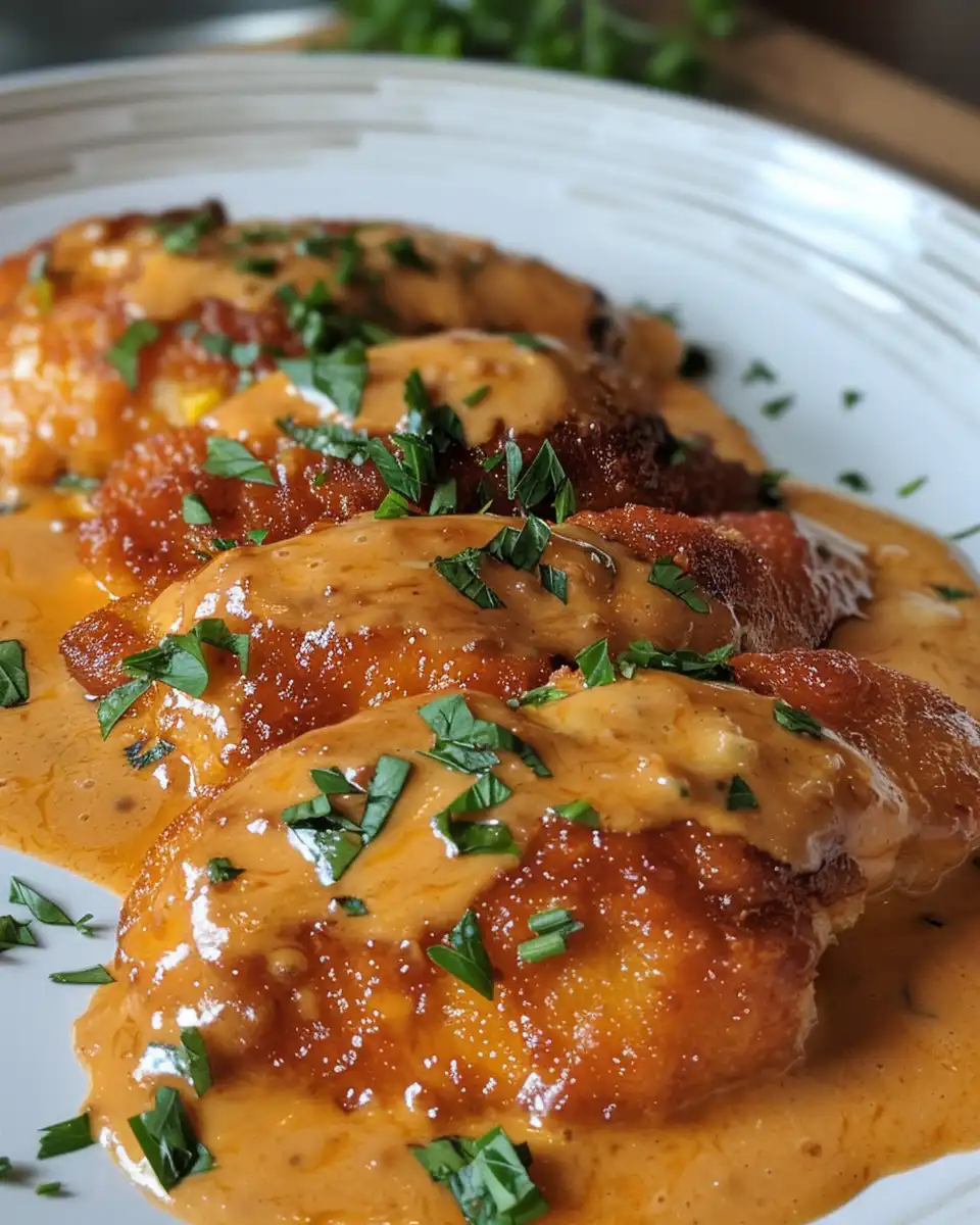 Finished cowboy butter chicken and potatoes served on a plate garnished with parsley