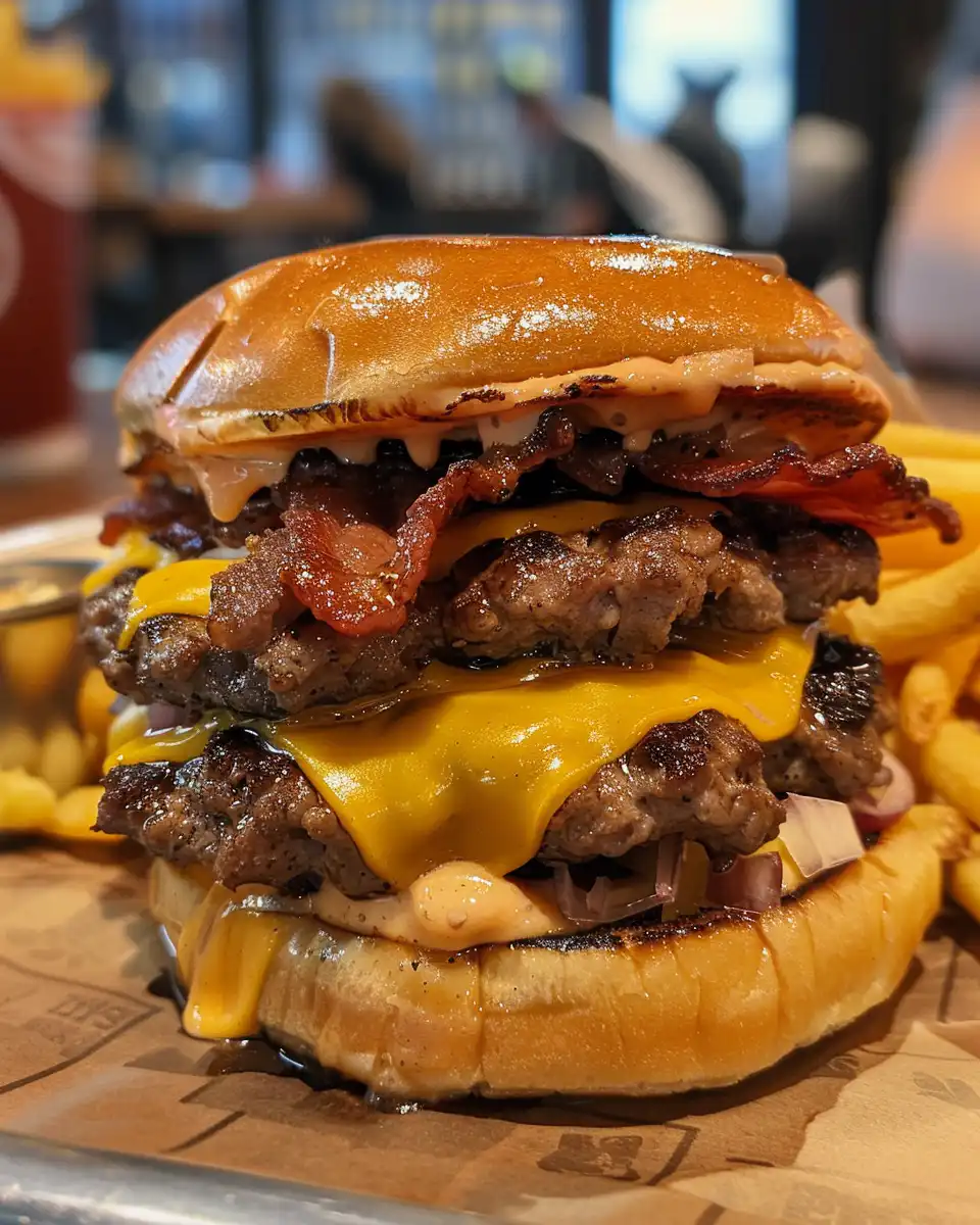 Close-up of a juicy Crack Burger fresh from the cooker, showing melted cheddar and bacon candy topping