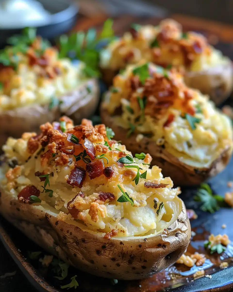 Finished BBQ chicken stuffed baked potatoes served on plate with toppings