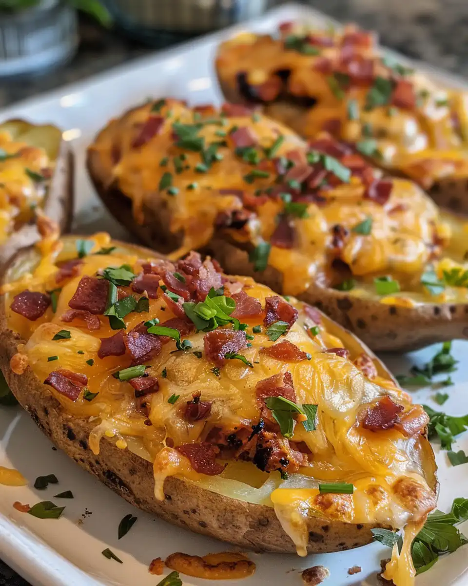 Ingredients for BBQ chicken stuffed baked potatoes with potatoes, chicken, and barbecue sauce