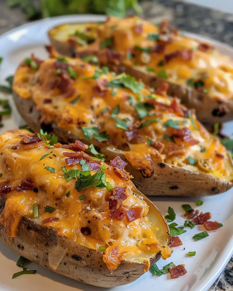 Finished BBQ chicken stuffed baked potatoes served on a plate