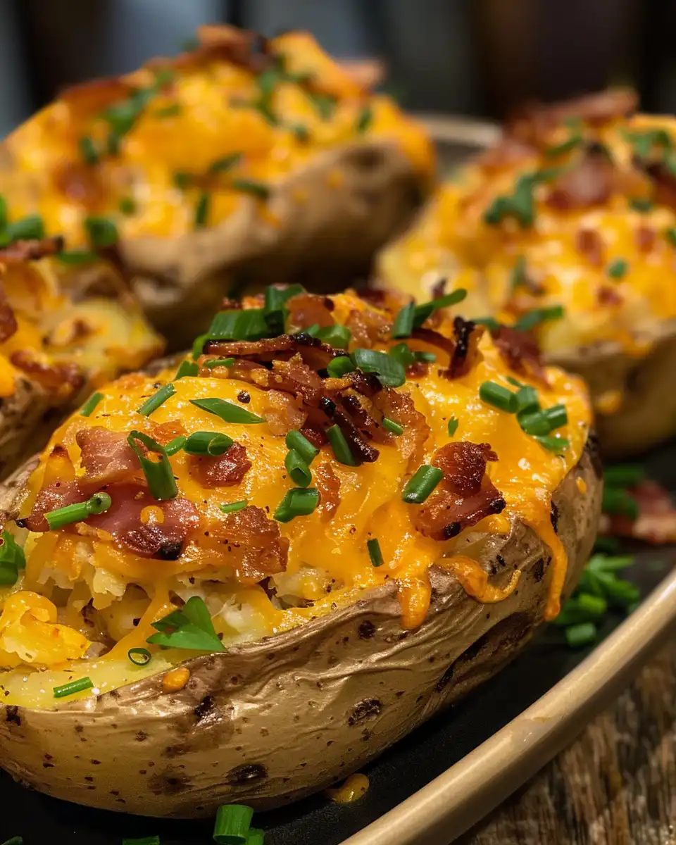 Steaming crack chicken stuffed baked potatoes fresh out of the cooker