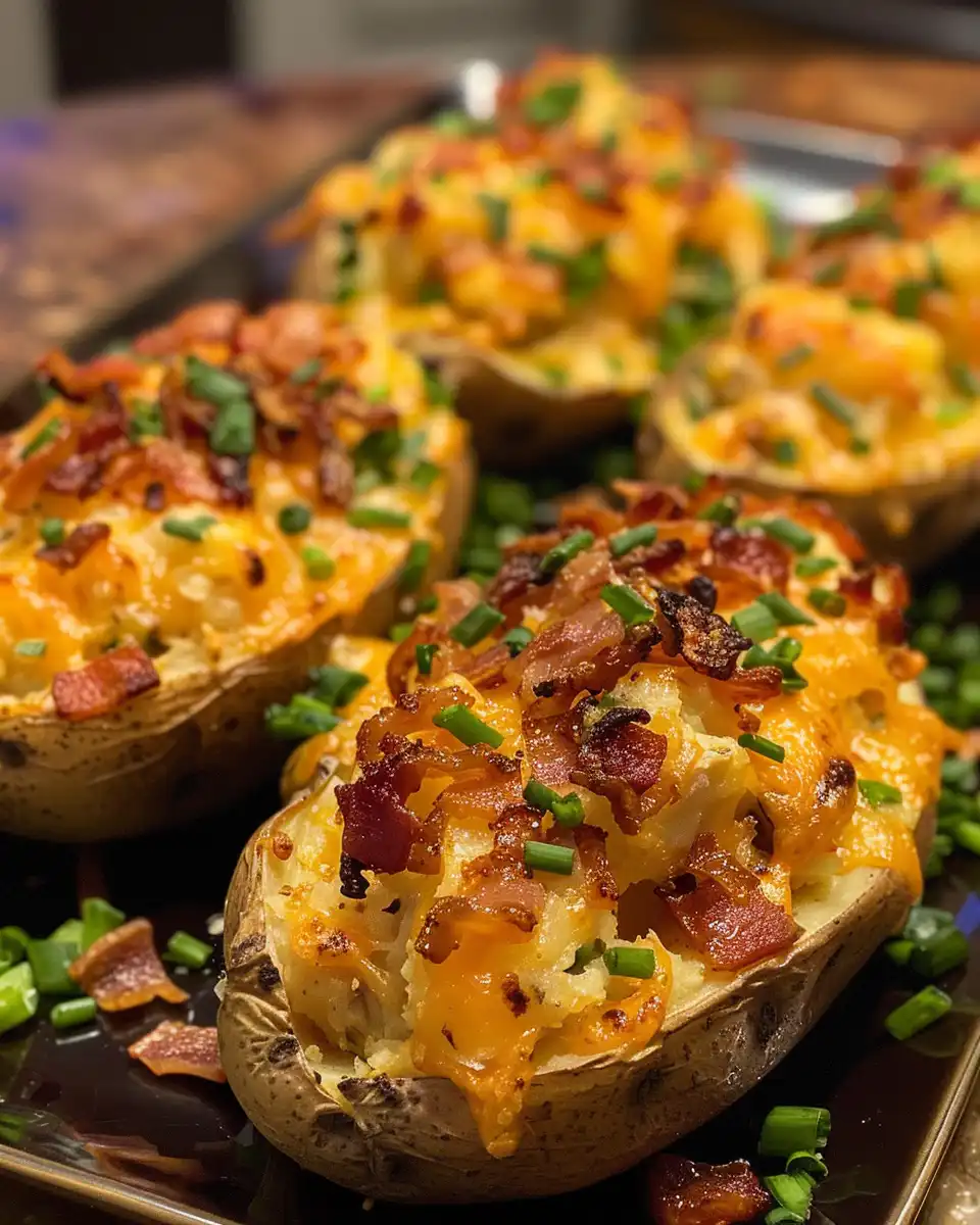 Creamy cheesy crack chicken stuffed potato topped with bacon bits