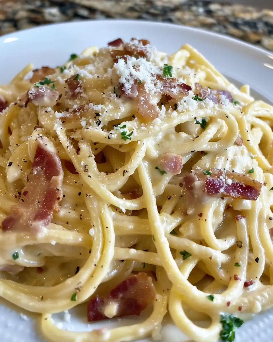 Ingredients for creamy bacon carbonara pasta including pancetta, eggs, cheese and basil