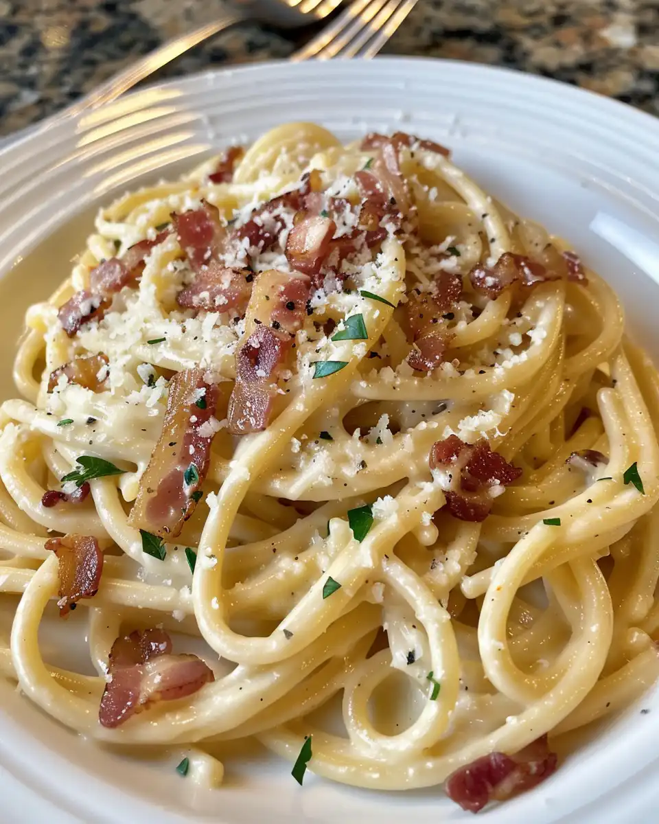 Served creamy bacon carbonara pasta with fresh basil on top
