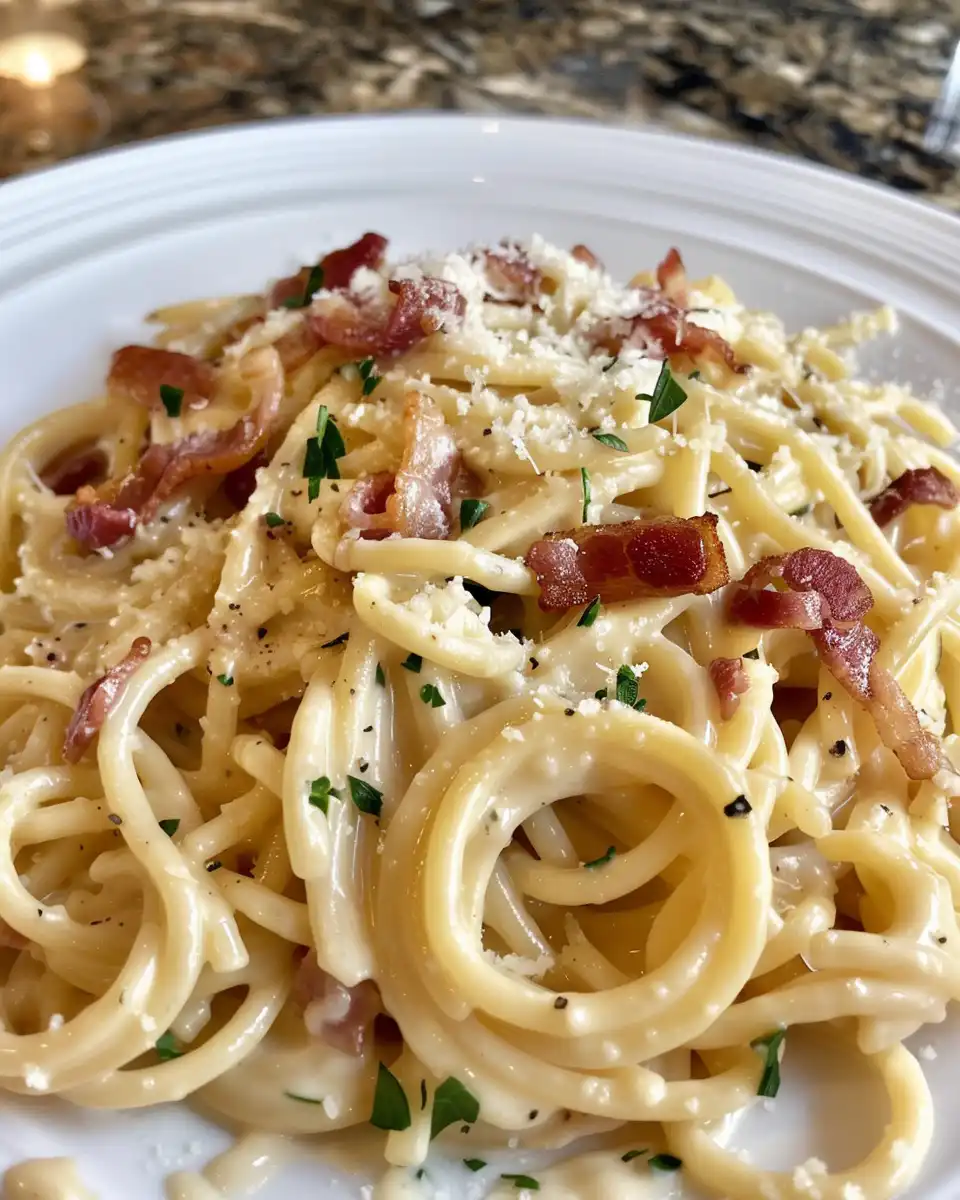 Creamy bacon carbonara pasta in pressure cooker with steam rising