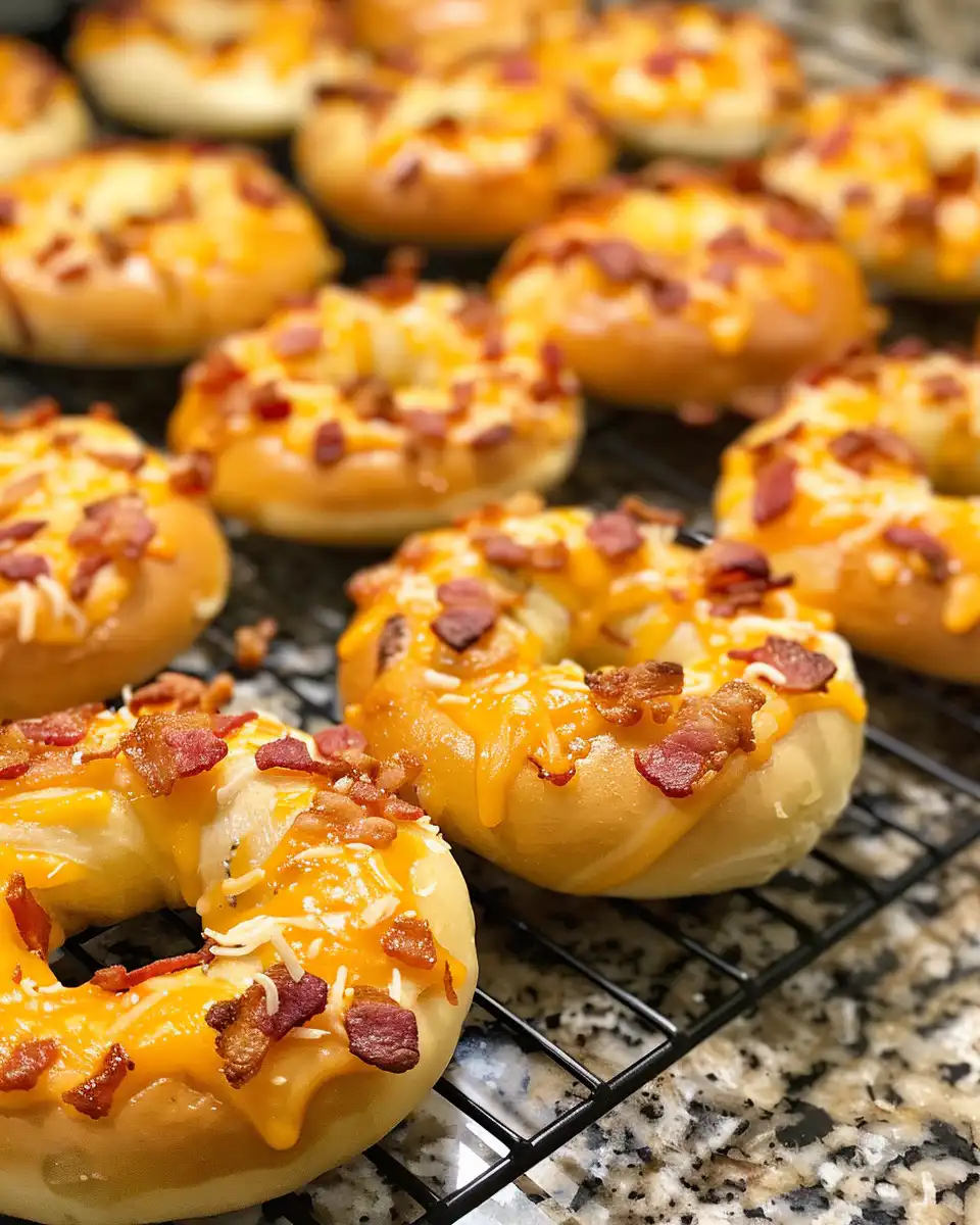 Finished warm creamy bacon cheddar bagels with melted cheese and bacon