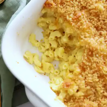 Side view of creamy baked mac and cheese ready to serve