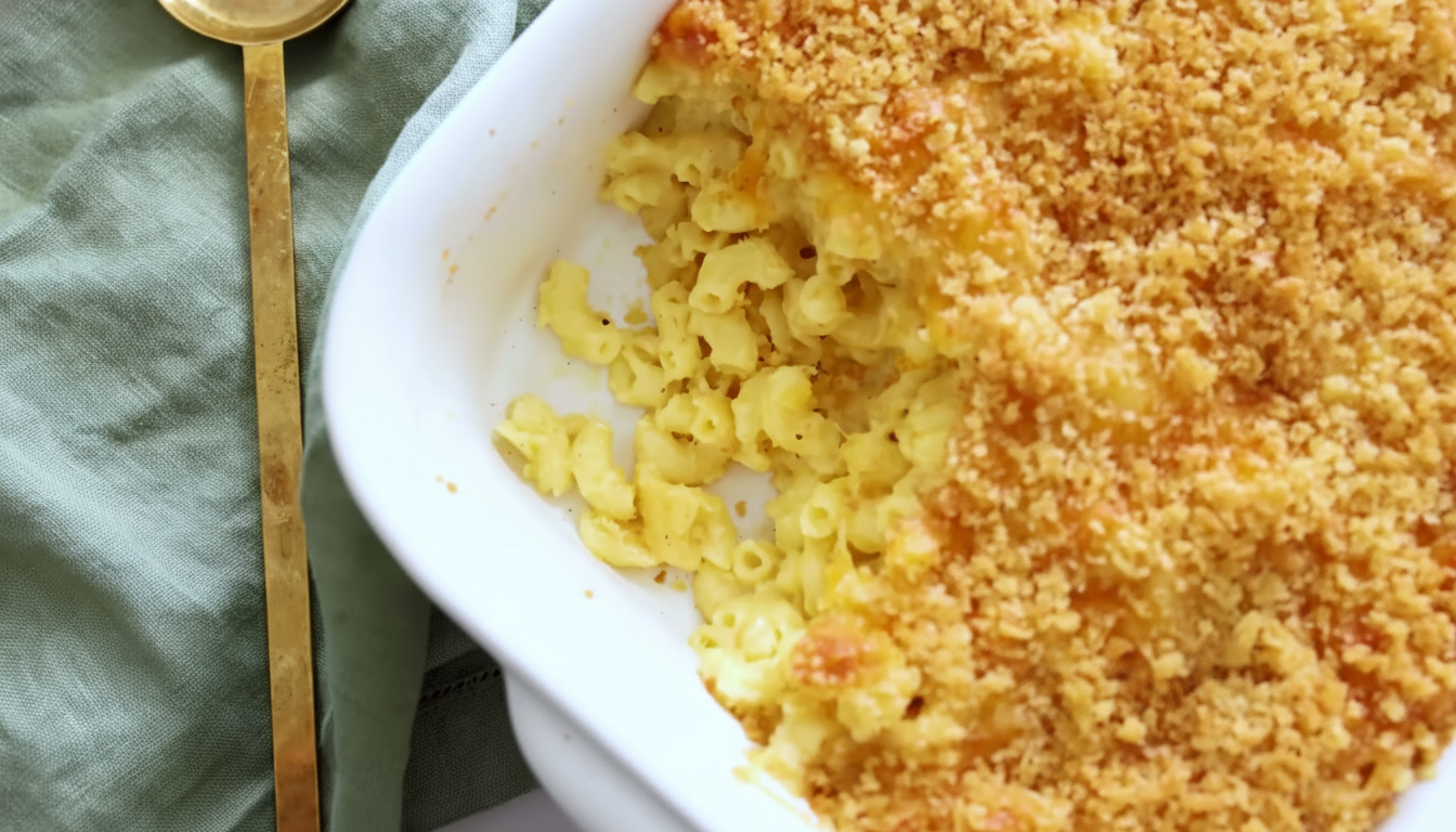Side view of creamy baked mac and cheese ready to serve