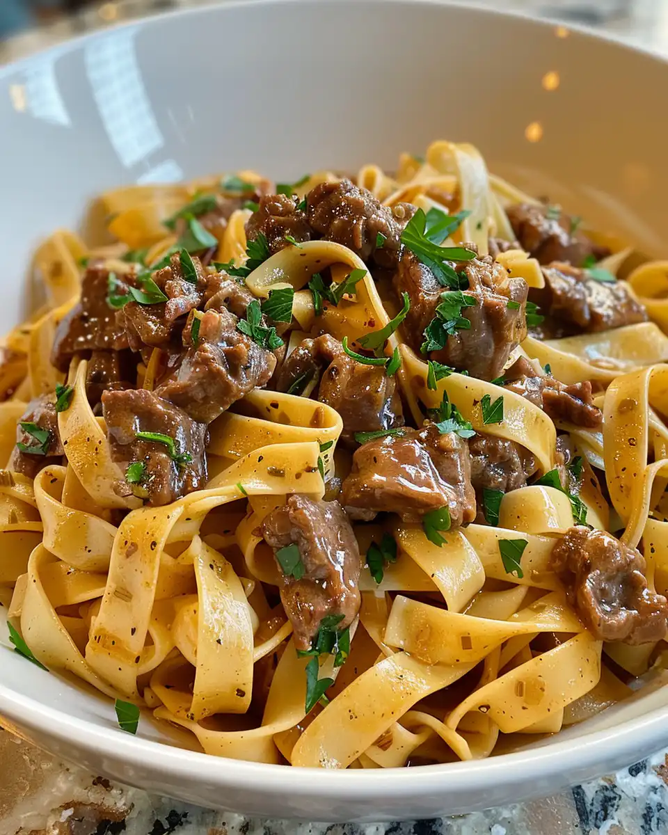 Serving of creamy beef pasta garnished with parsley