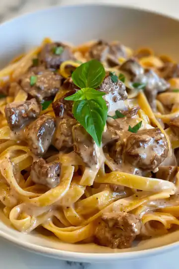 Creamy Beef Pasta taken with iphone 15 pro max --iw 2 --ar 4:5 --v 6.0 --raw