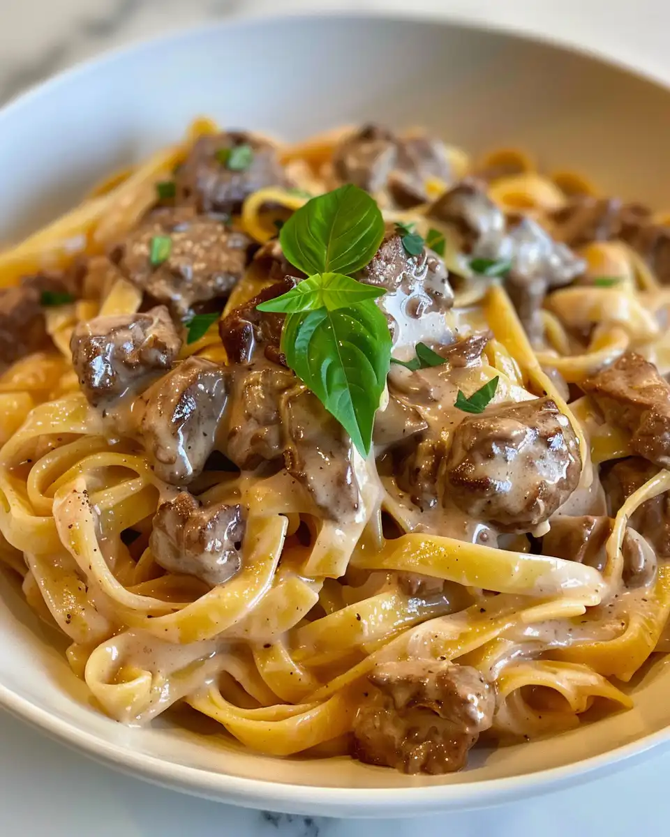 Creamy beef pasta simmering in pressure cooker with steam