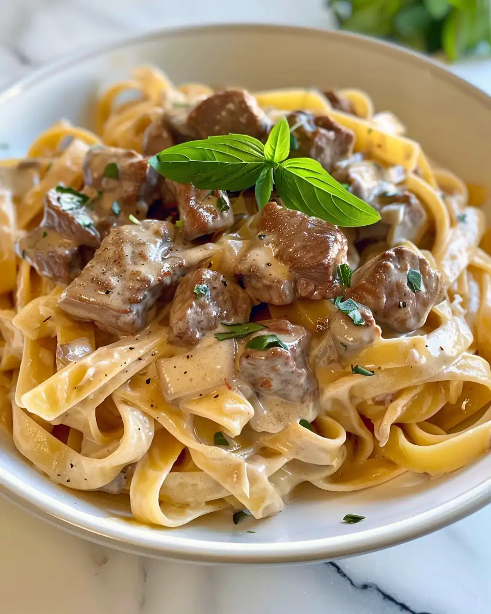 Finished creamy beef pasta served on a plate with garnish