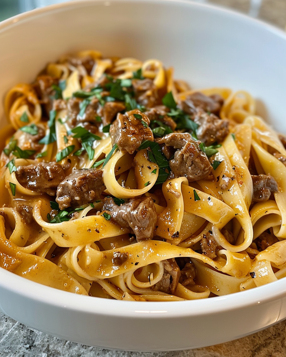 Creamy beef pasta cooking in pressure cooker with rich steam