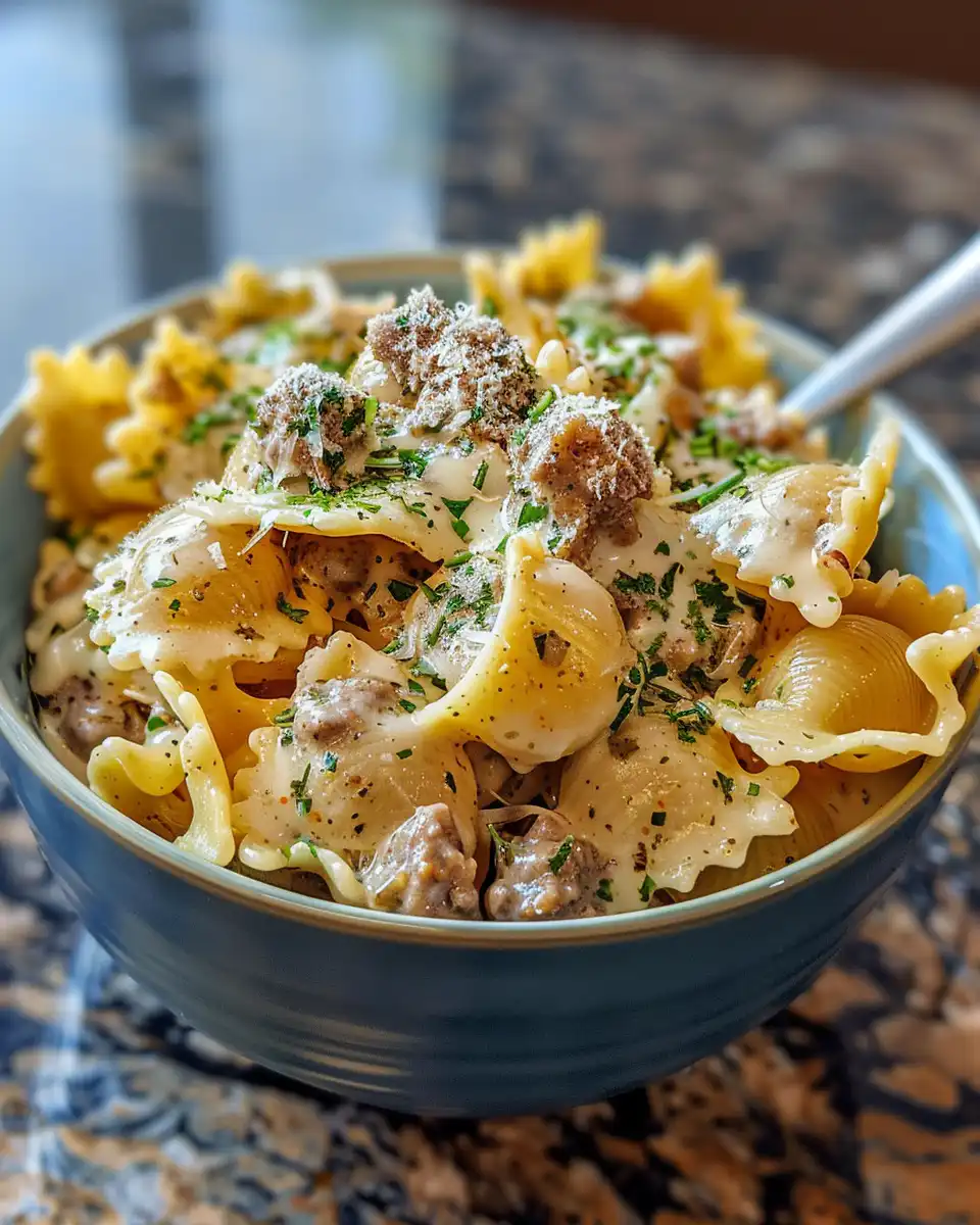 Ingredients for creamy beef shell pasta with herbs and cheese