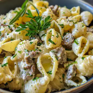 Creamy Beef Shell Pasta in Herb Cheese Sauce taken with iphone 15 pro max --iw 2 --ar 4:5 --v 6.0 --raw