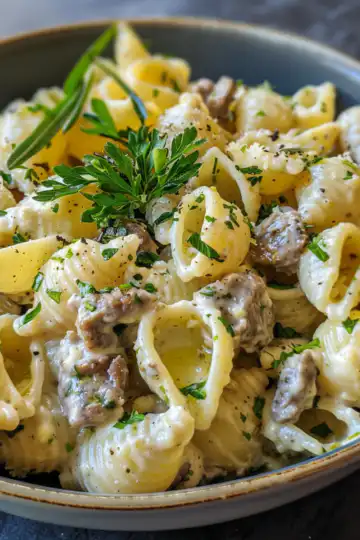 Creamy Beef Shell Pasta in Herb Cheese Sauce taken with iphone 15 pro max --iw 2 --ar 4:5 --v 6.0 --raw