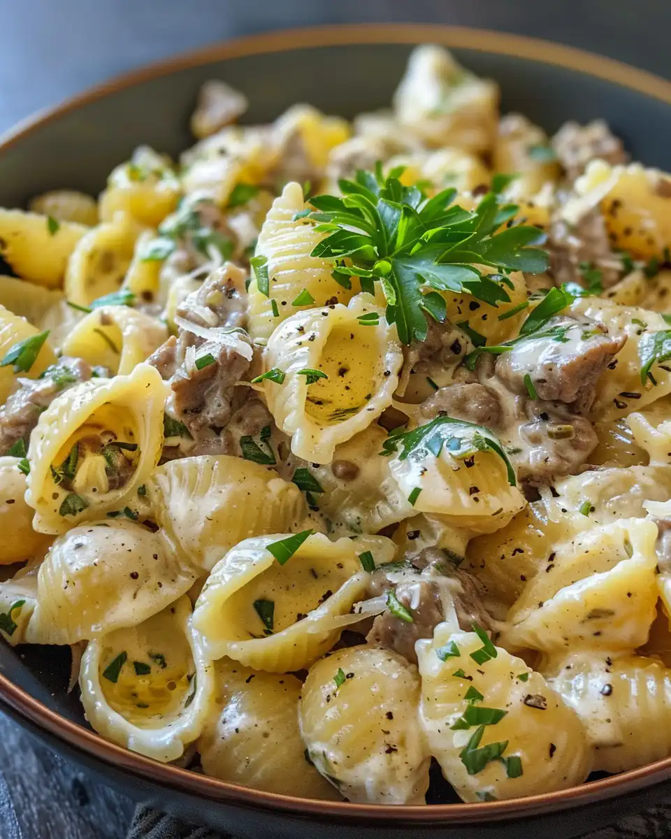 Pressure cooker cheesy beef pasta shells plated and served